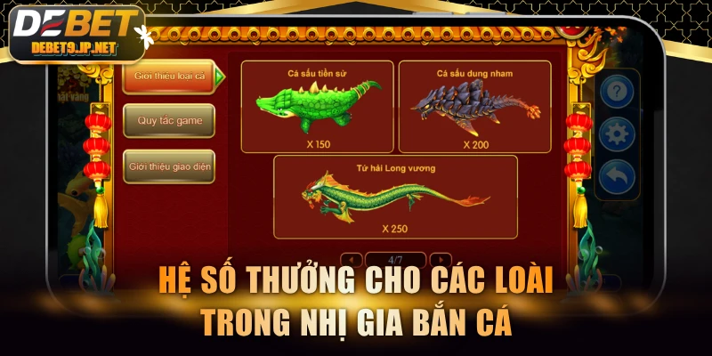 Hệ số thưởng cho các loài trong Nhị Gia Bắn Cá